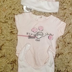 Gucci Baby Three Piece Set- Onesie, Hat, Bib